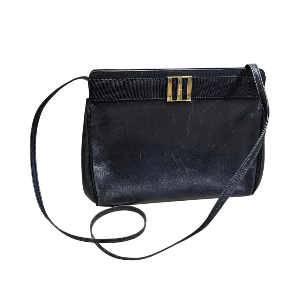 Vintage 90 80s Salvatore Ferragamo Blue Leather Vara Crossbody Bag Gold Hardware